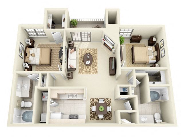 Floor plan for 2 beds, 2 baths, 986 sqft